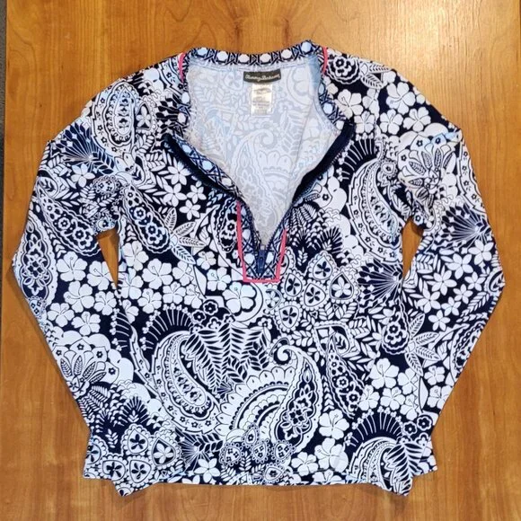 Tommy Bahama Paisley Paradise Navy & White Half Zip Rash Guard Swim Shirt - XS - Picture 7 of 10